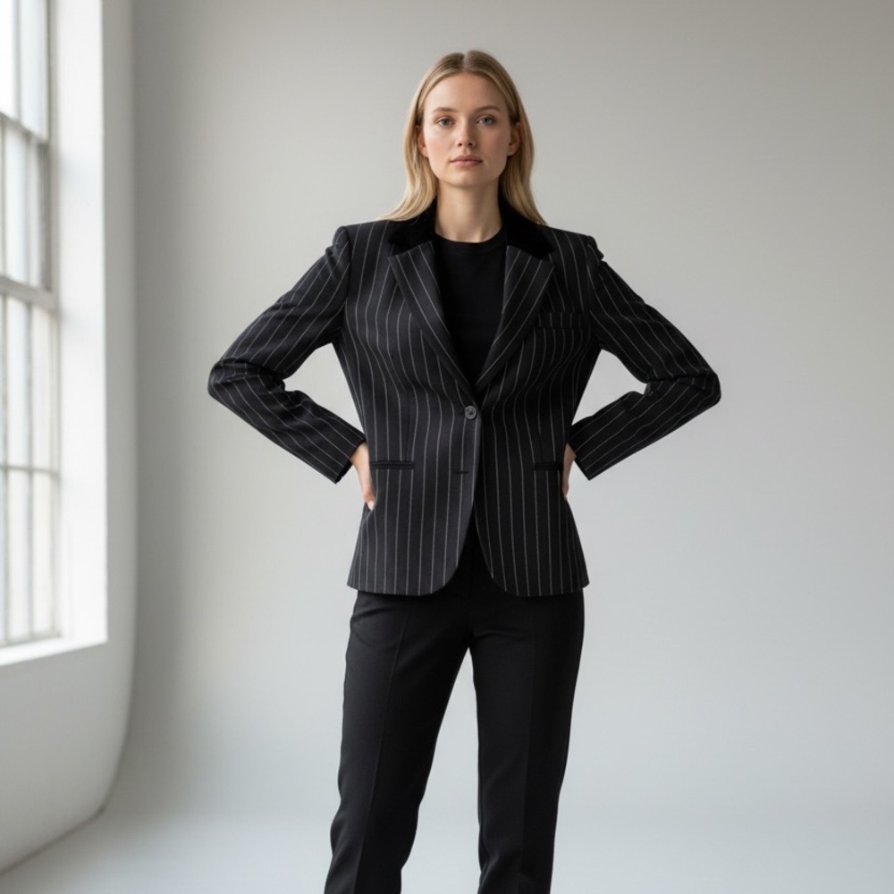 Ralph Lauren 100% Wool Pin Striped Office Career Blazer Womens 8 Black Velvet‎